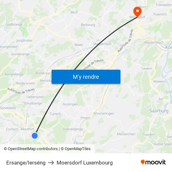 Ersange/Ierséng to Moersdorf Luxembourg map