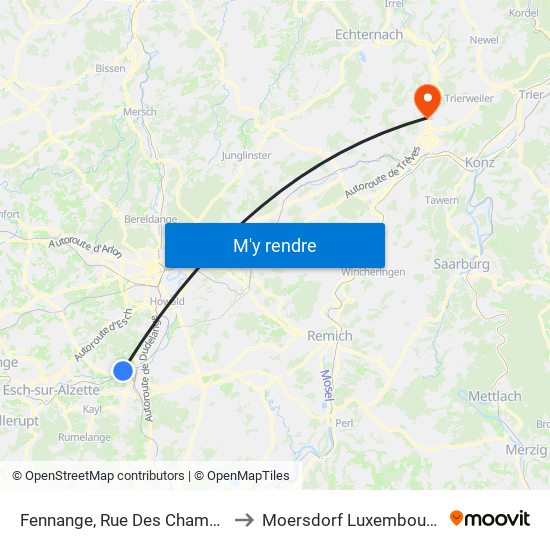 Fennange, Rue Des Champs to Moersdorf Luxembourg map