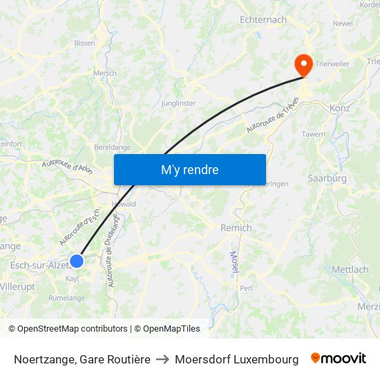 Noertzange, Gare Routière to Moersdorf Luxembourg map