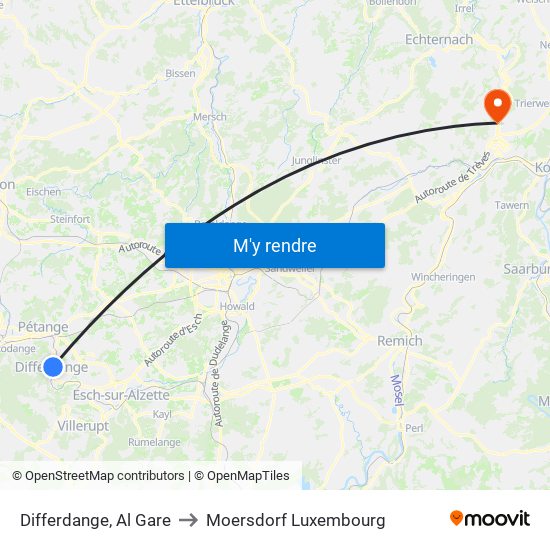 Differdange, Al Gare to Moersdorf Luxembourg map