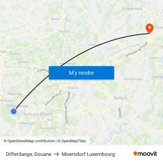 Differdange, Douane to Moersdorf Luxembourg map