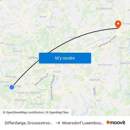 Differdange, Groussstrooss to Moersdorf Luxembourg map