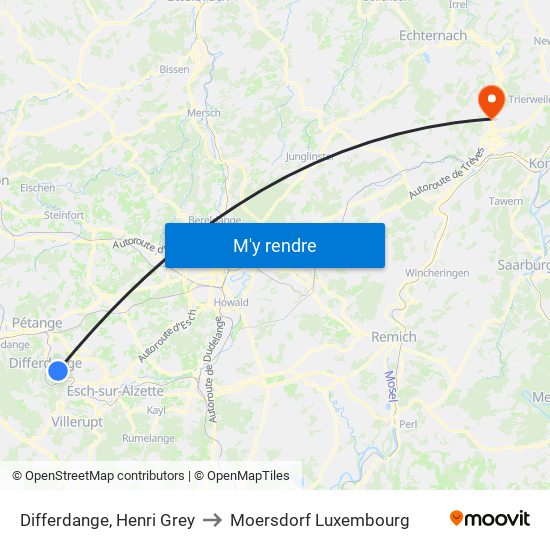 Differdange, Henri Grey to Moersdorf Luxembourg map