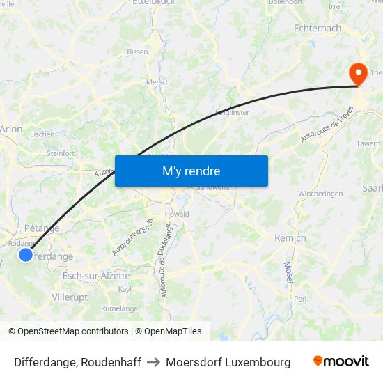 Differdange, Roudenhaff to Moersdorf Luxembourg map