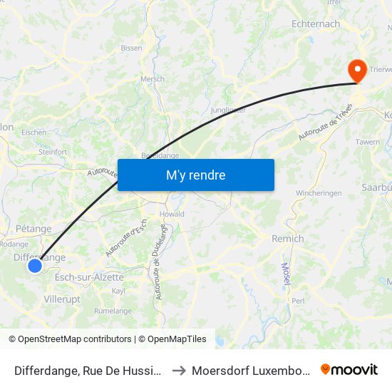 Differdange, Rue De Hussigny to Moersdorf Luxembourg map