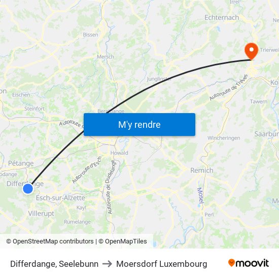 Differdange, Seelebunn to Moersdorf Luxembourg map