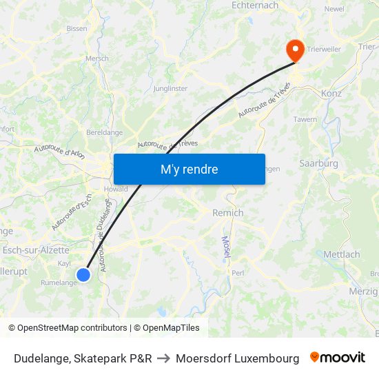 Dudelange, Skatepark P&R to Moersdorf Luxembourg map