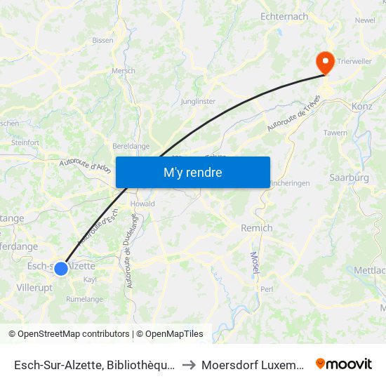 Esch-Sur-Alzette, Bibliothèque Mun. to Moersdorf Luxembourg map