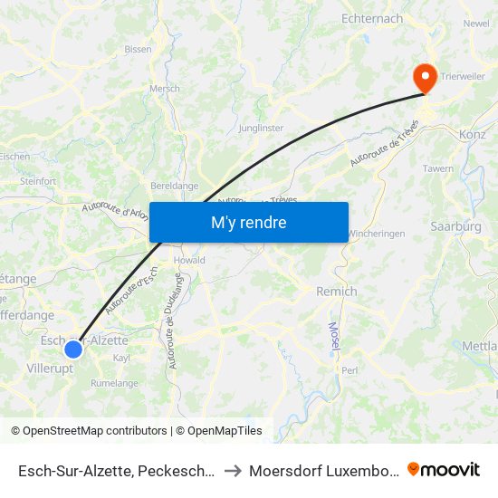 Esch-Sur-Alzette, Peckeschhaff to Moersdorf Luxembourg map