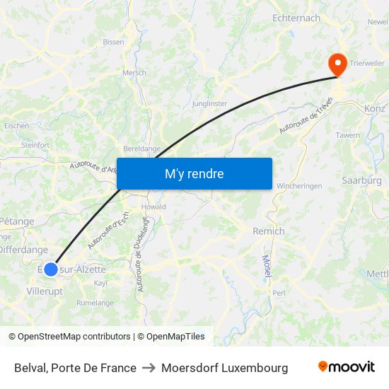 Belval, Porte De France to Moersdorf Luxembourg map