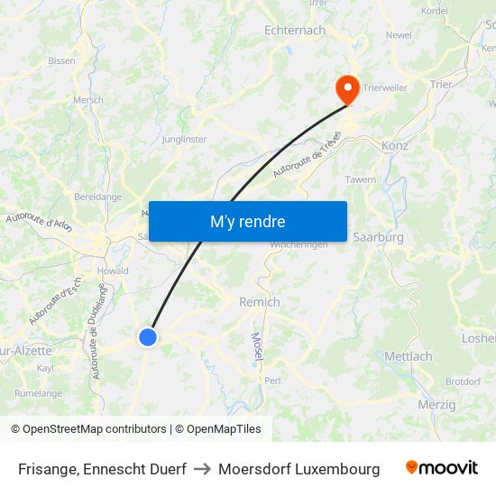 Frisange, Ennescht Duerf to Moersdorf Luxembourg map