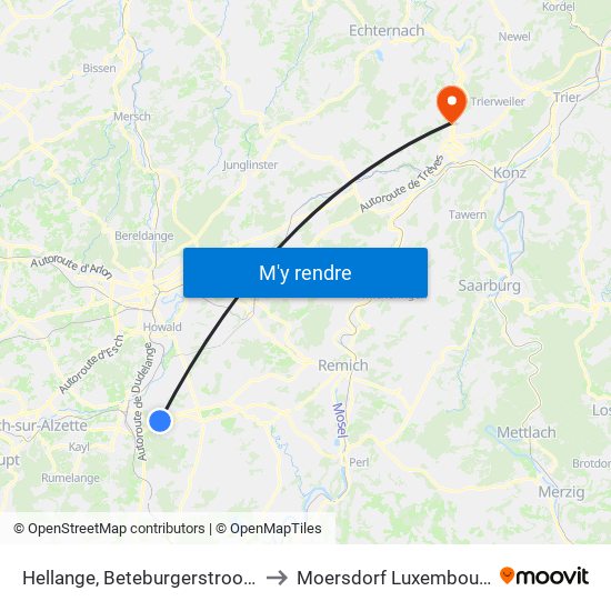 Hellange, Beteburgerstrooss to Moersdorf Luxembourg map