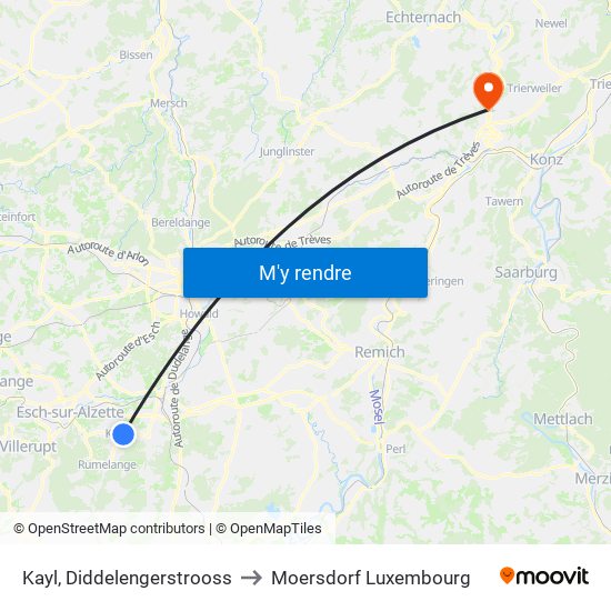 Kayl, Diddelengerstrooss to Moersdorf Luxembourg map