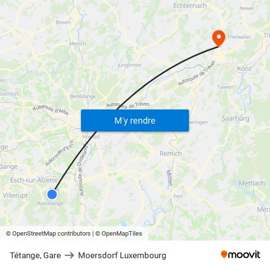 Tétange, Gare to Moersdorf Luxembourg map