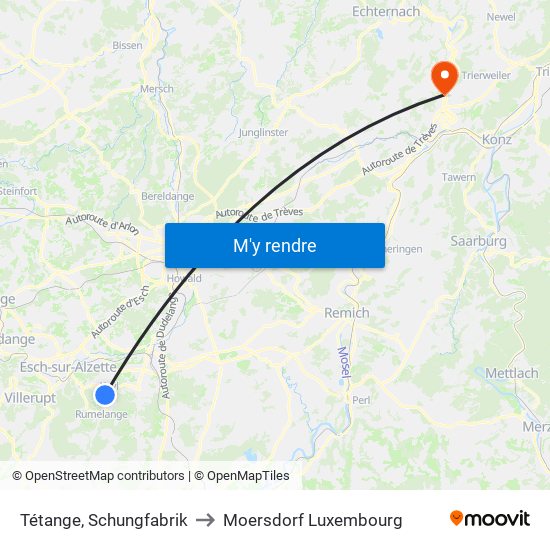 Tétange, Schungfabrik to Moersdorf Luxembourg map