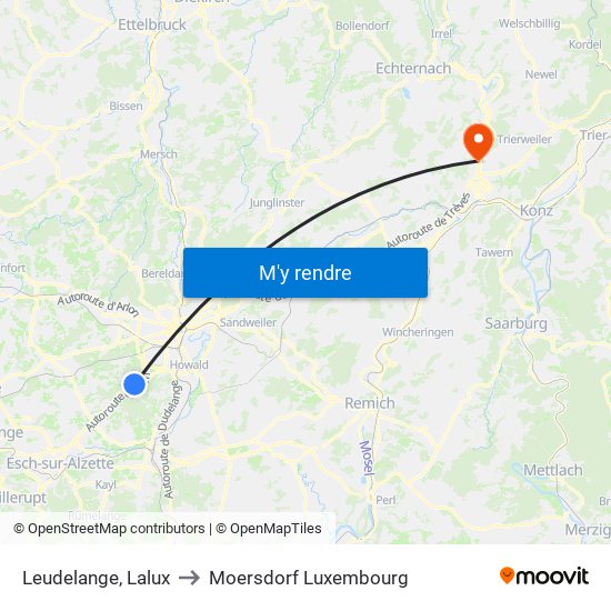 Leudelange, Lalux to Moersdorf Luxembourg map