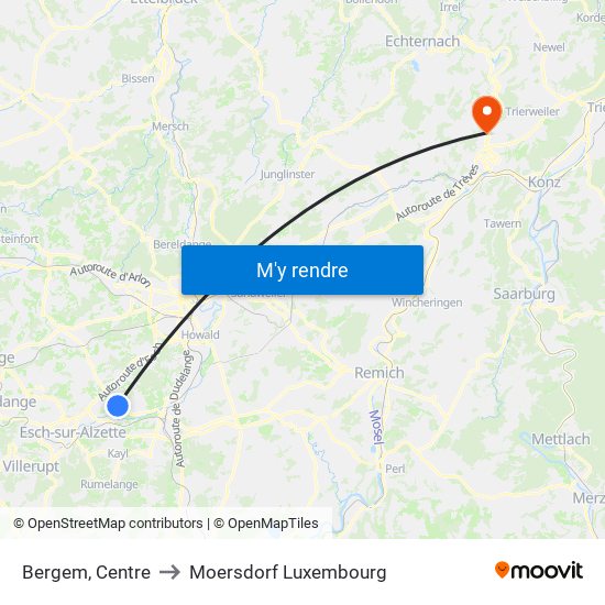 Bergem, Centre to Moersdorf Luxembourg map