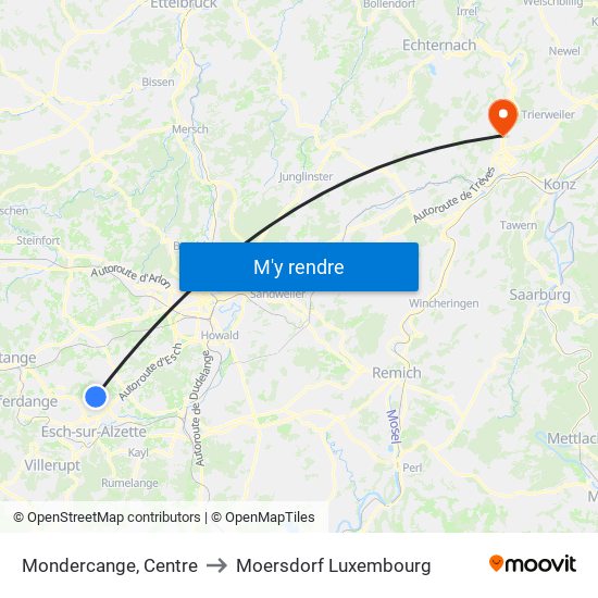 Mondercange, Centre to Moersdorf Luxembourg map