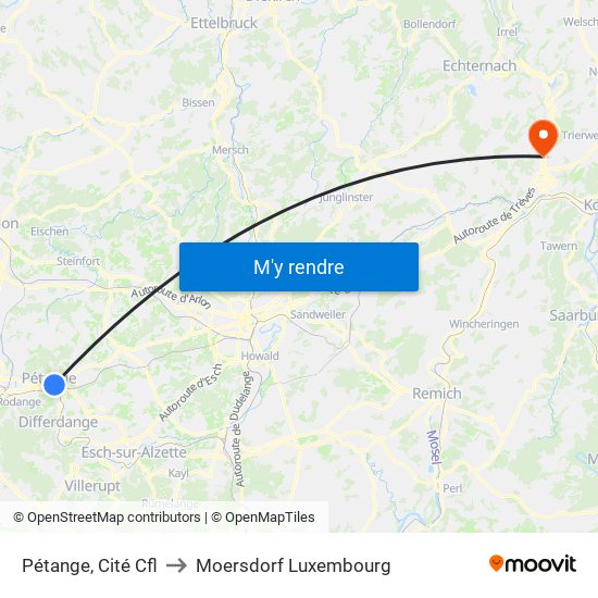 Pétange, Cité Cfl to Moersdorf Luxembourg map