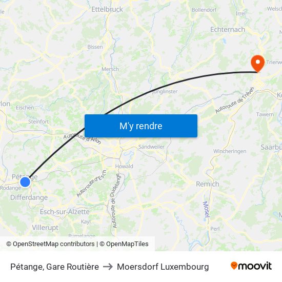 Pétange, Gare Routière to Moersdorf Luxembourg map