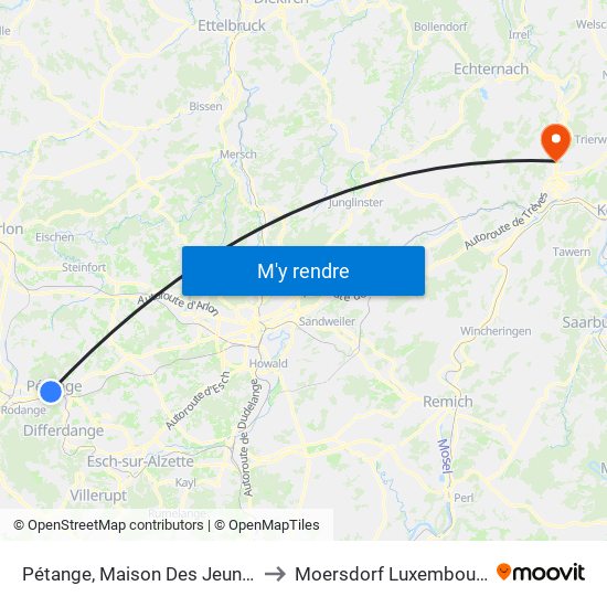 Pétange, Maison Des Jeunes to Moersdorf Luxembourg map