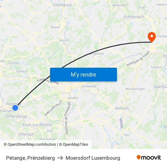 Pétange, Prënzebierg to Moersdorf Luxembourg map