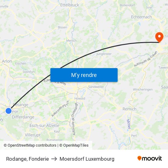 Rodange, Fonderie to Moersdorf Luxembourg map