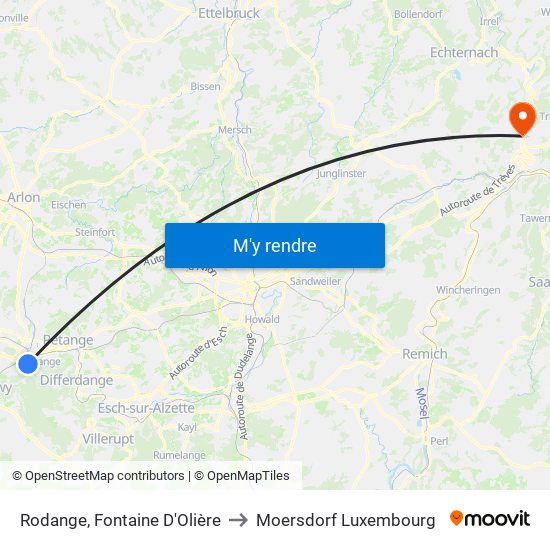 Rodange, Fontaine D'Olière to Moersdorf Luxembourg map