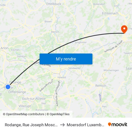 Rodange, Rue Joseph Moscardo to Moersdorf Luxembourg map