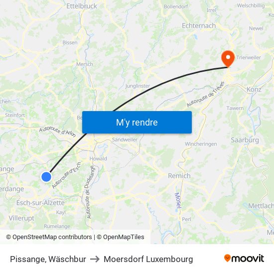 Pissange, Wäschbur to Moersdorf Luxembourg map
