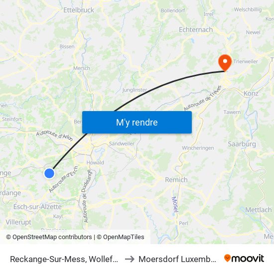 Reckange-Sur-Mess, Wollefskaul to Moersdorf Luxembourg map