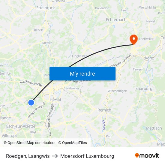 Roedgen, Laangwis to Moersdorf Luxembourg map