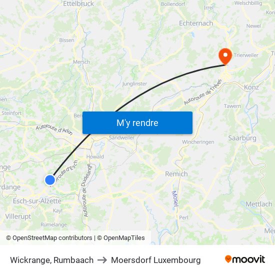 Wickrange, Rumbaach to Moersdorf Luxembourg map