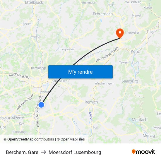 Berchem, Gare to Moersdorf Luxembourg map