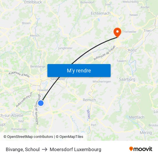 Bivange, Schoul to Moersdorf Luxembourg map