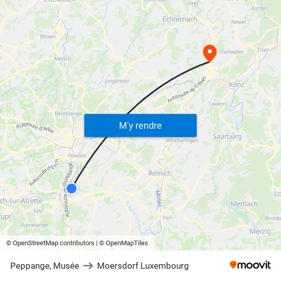 Peppange, Musée to Moersdorf Luxembourg map