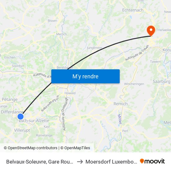 Belvaux-Soleuvre, Gare Routière to Moersdorf Luxembourg map