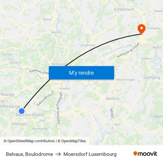 Belvaux, Boulodrome to Moersdorf Luxembourg map