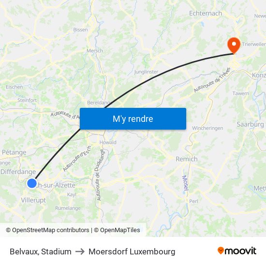 Belvaux, Stadium to Moersdorf Luxembourg map