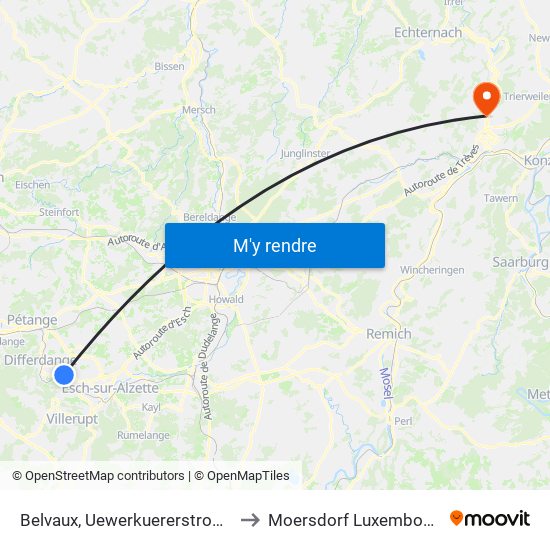 Belvaux, Uewerkuererstrooss to Moersdorf Luxembourg map