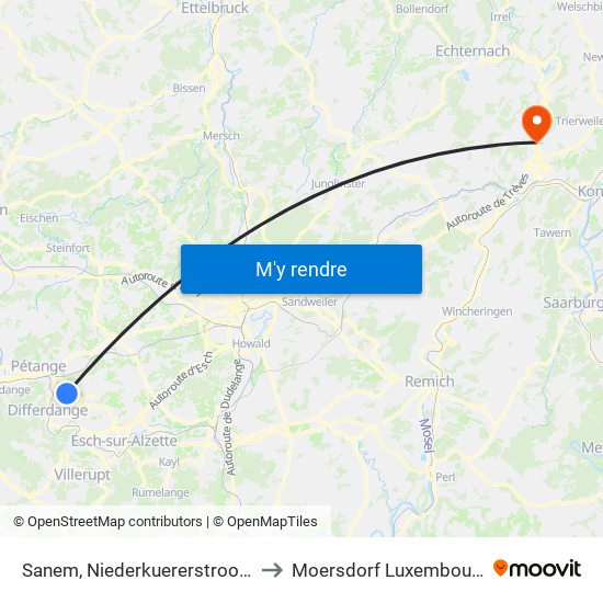 Sanem, Niederkuererstrooss to Moersdorf Luxembourg map