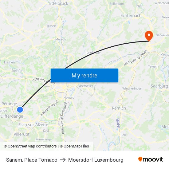 Sanem, Place Tornaco to Moersdorf Luxembourg map