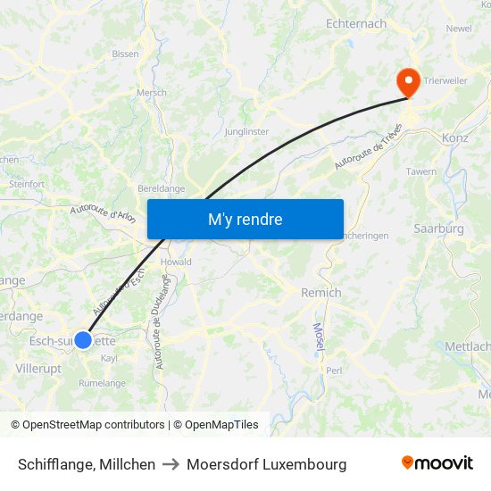 Schifflange, Millchen to Moersdorf Luxembourg map