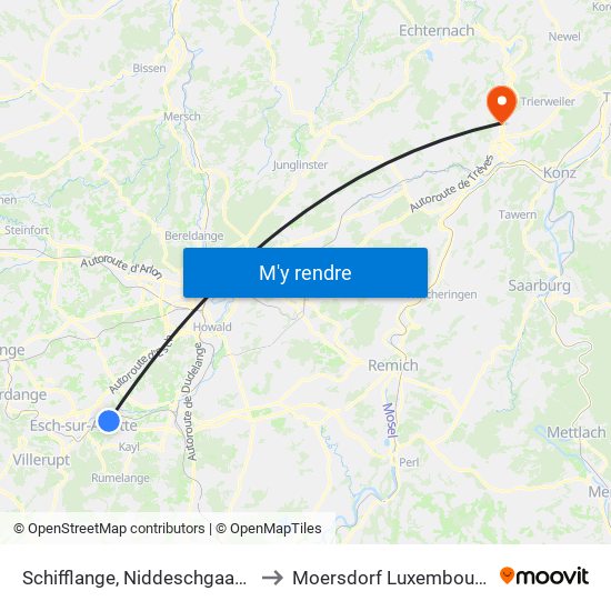 Schifflange, Niddeschgaass to Moersdorf Luxembourg map