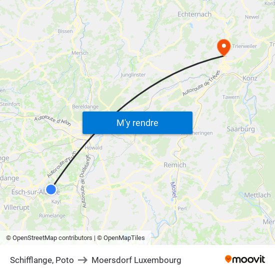 Schifflange, Poto to Moersdorf Luxembourg map