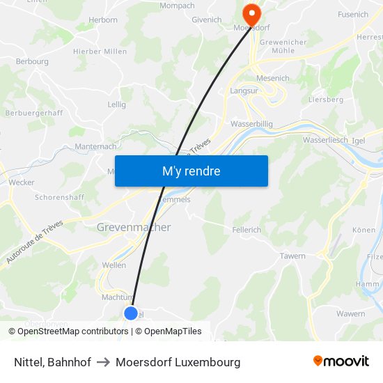 Nittel, Bahnhof to Moersdorf Luxembourg map