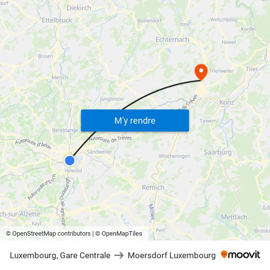 Luxembourg, Gare Centrale to Moersdorf Luxembourg map