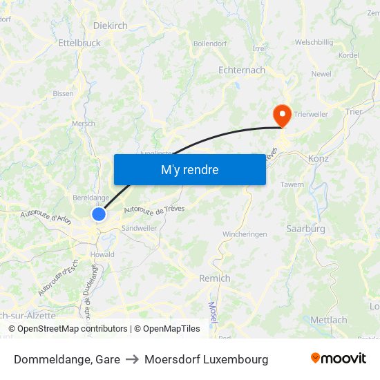 Dommeldange, Gare to Moersdorf Luxembourg map