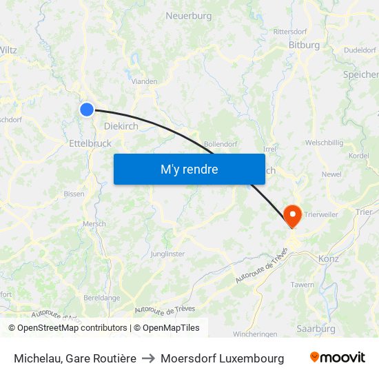 Michelau, Gare Routière to Moersdorf Luxembourg map