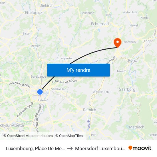 Luxembourg, Place De Metz to Moersdorf Luxembourg map